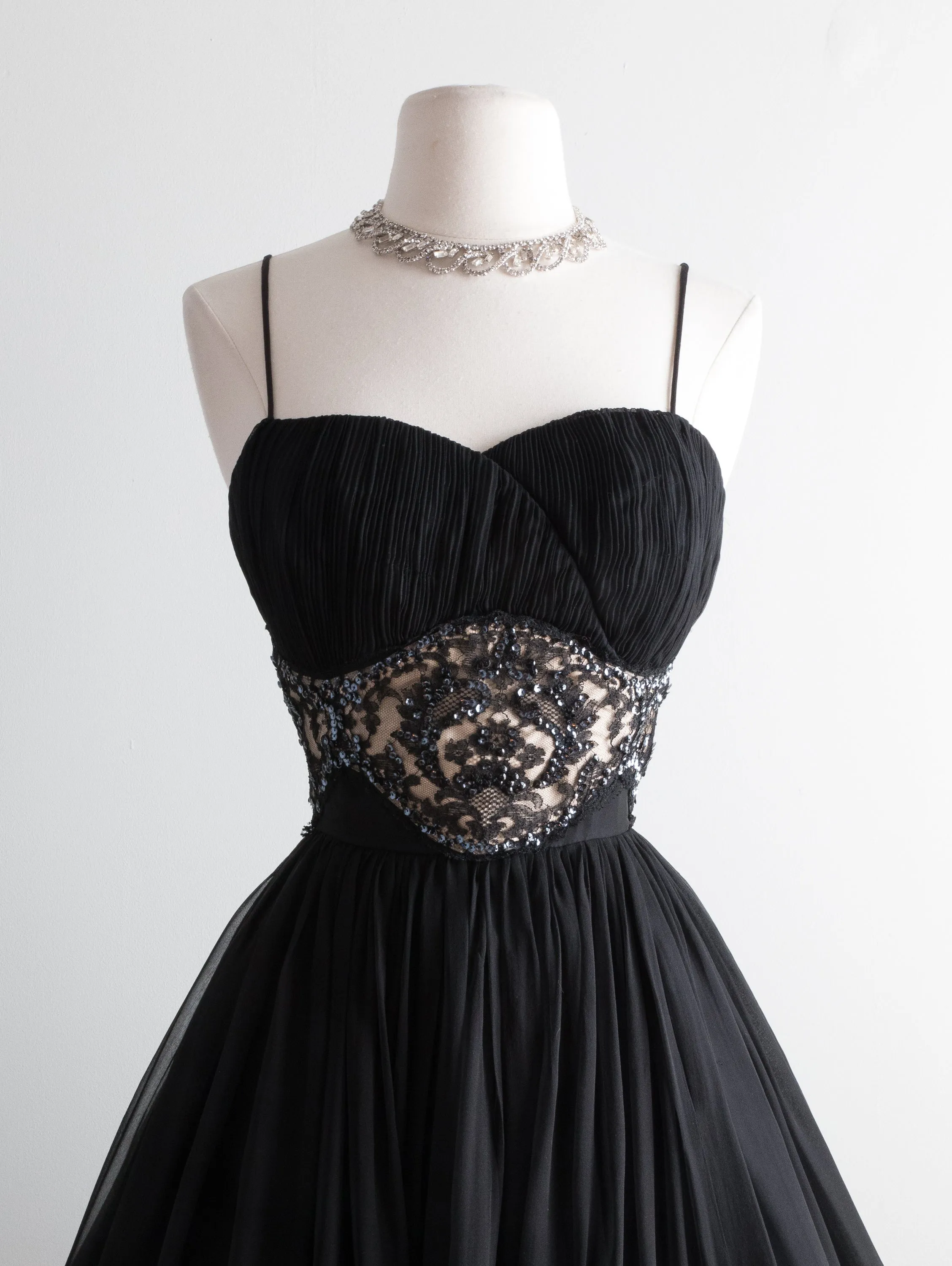 1950's Black Silk Chiffon Party Dress With Illusion Lace & Full Skirt / Waist 26