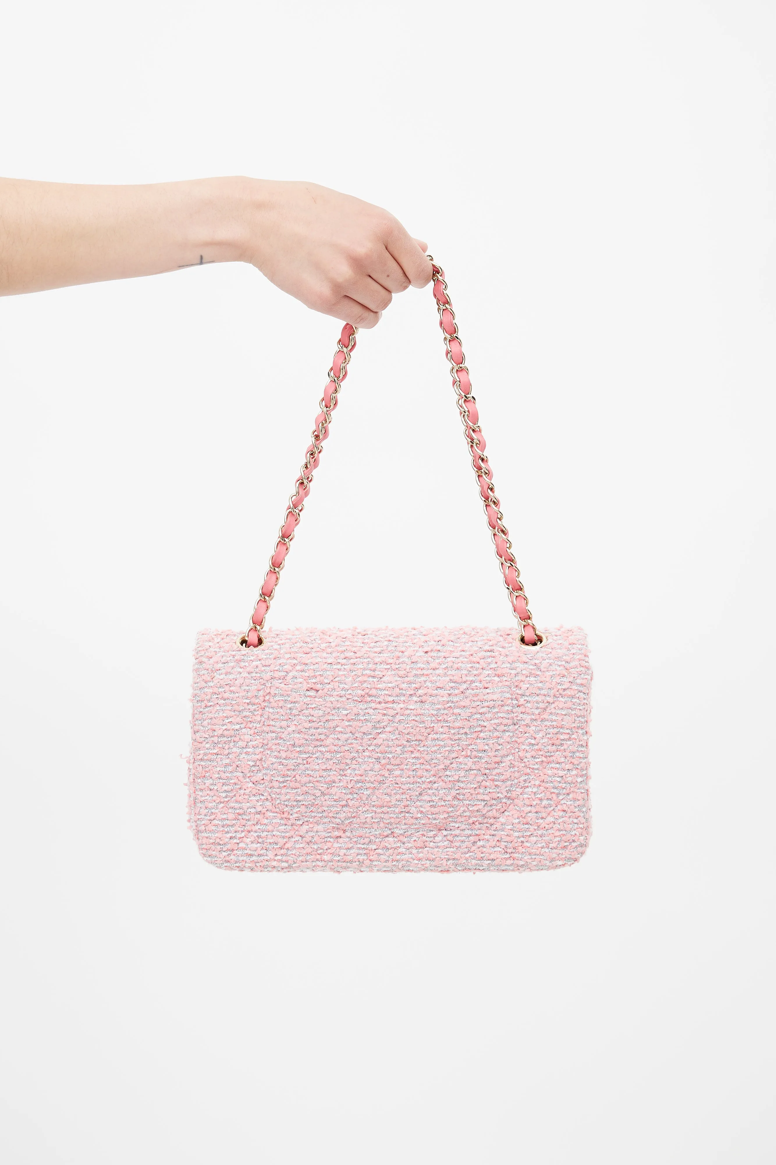 2020 Pink & Grey Tweed Double Flap Shoulder Bag