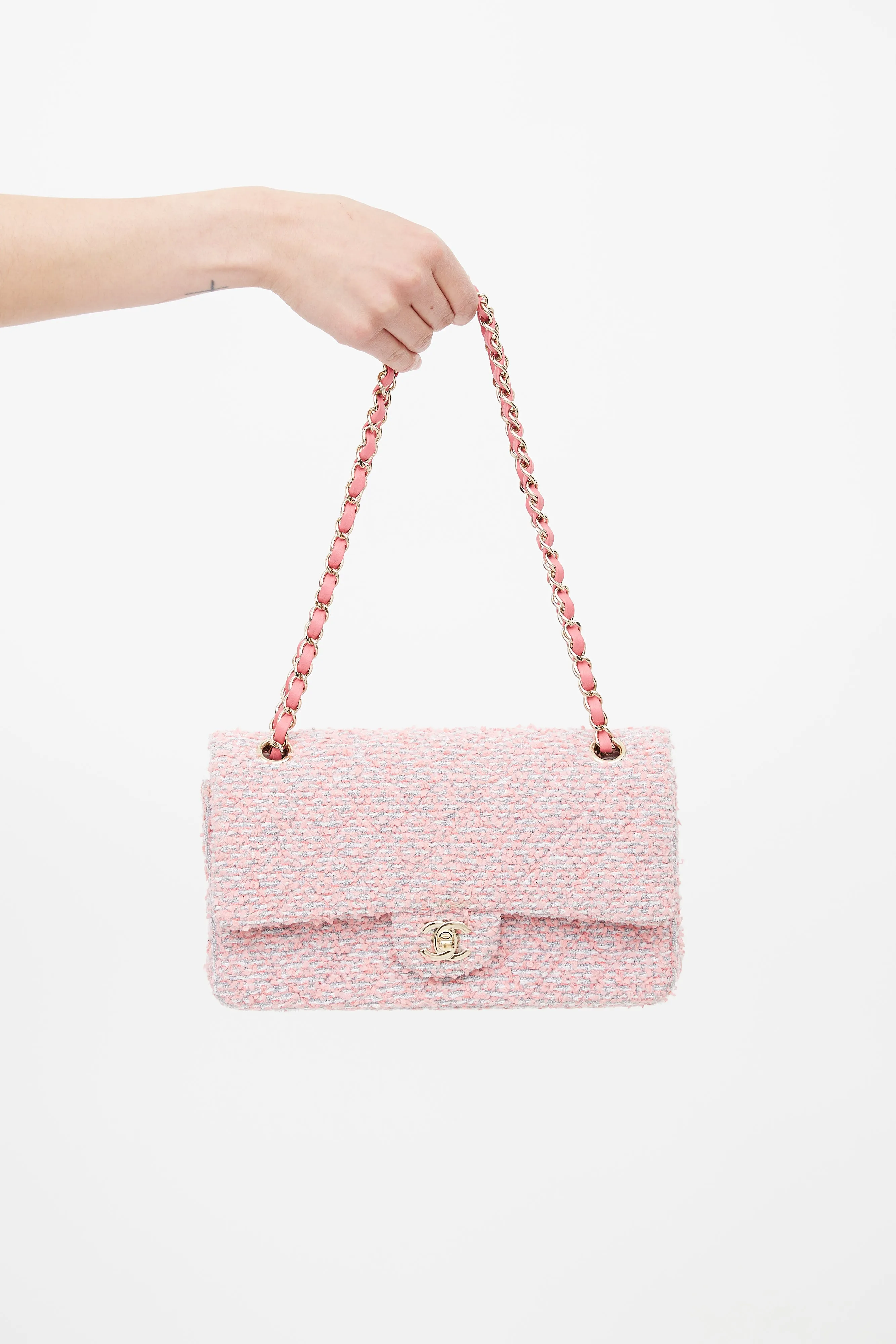 2020 Pink & Grey Tweed Double Flap Shoulder Bag