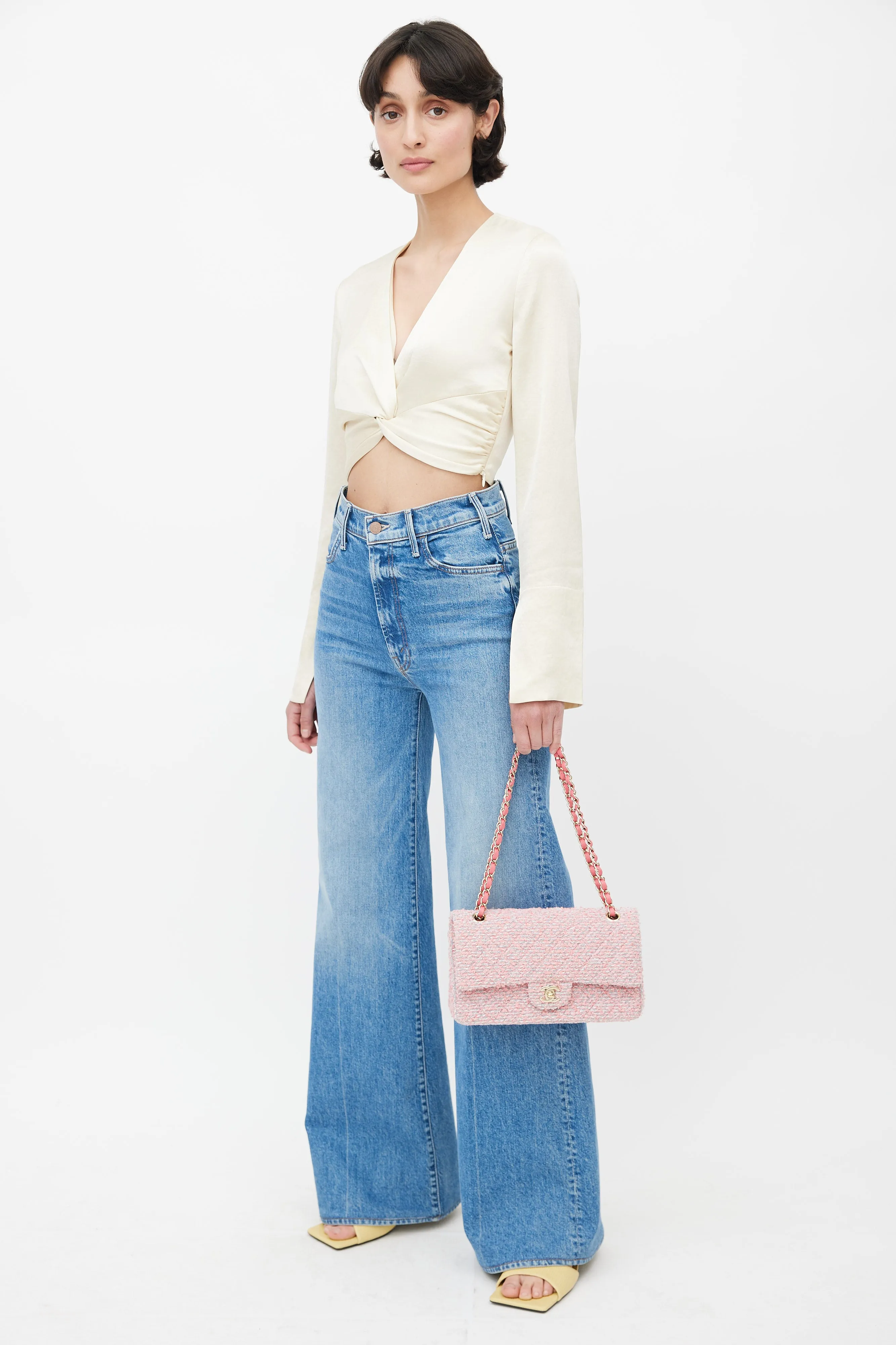 2020 Pink & Grey Tweed Double Flap Shoulder Bag