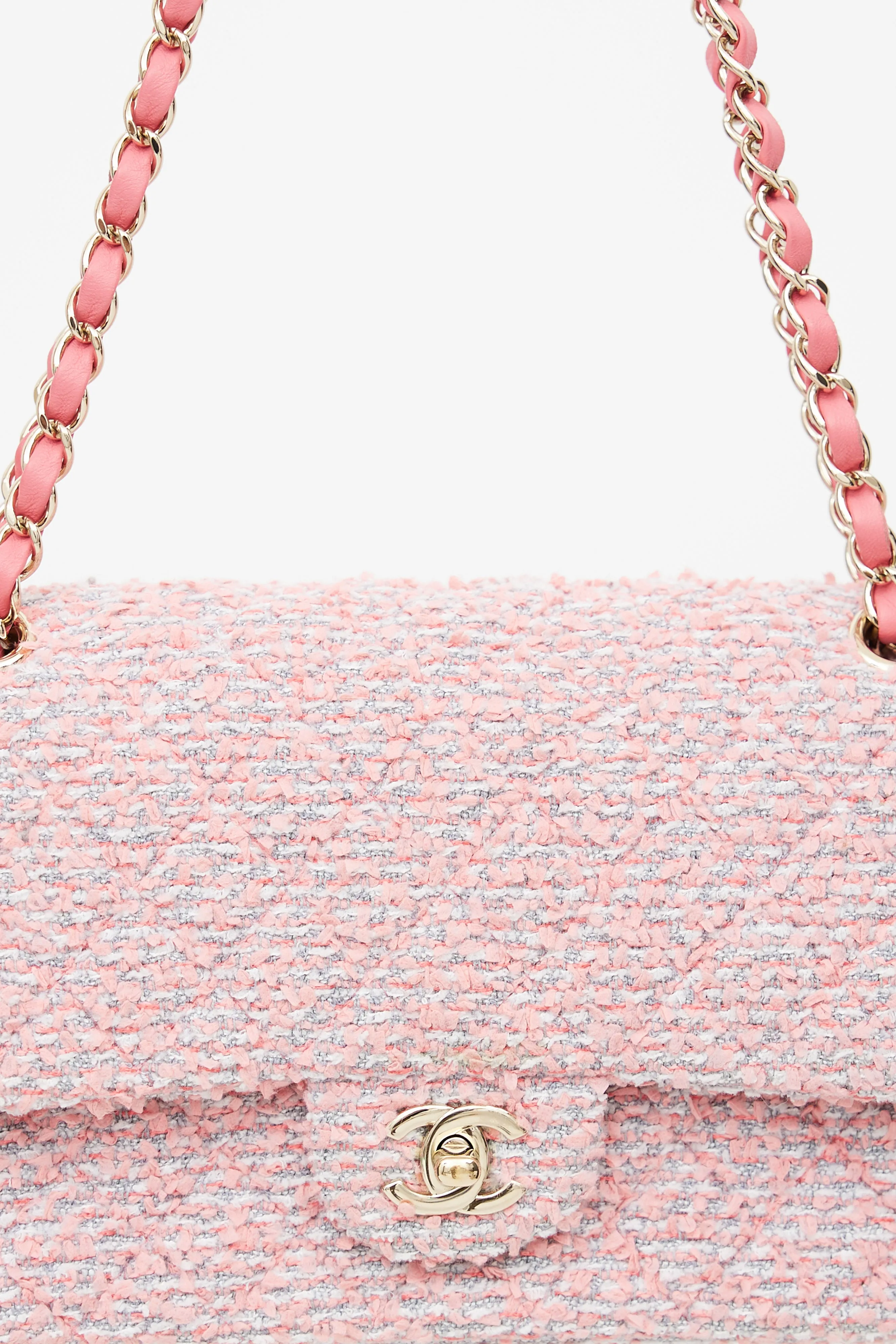 2020 Pink & Grey Tweed Double Flap Shoulder Bag