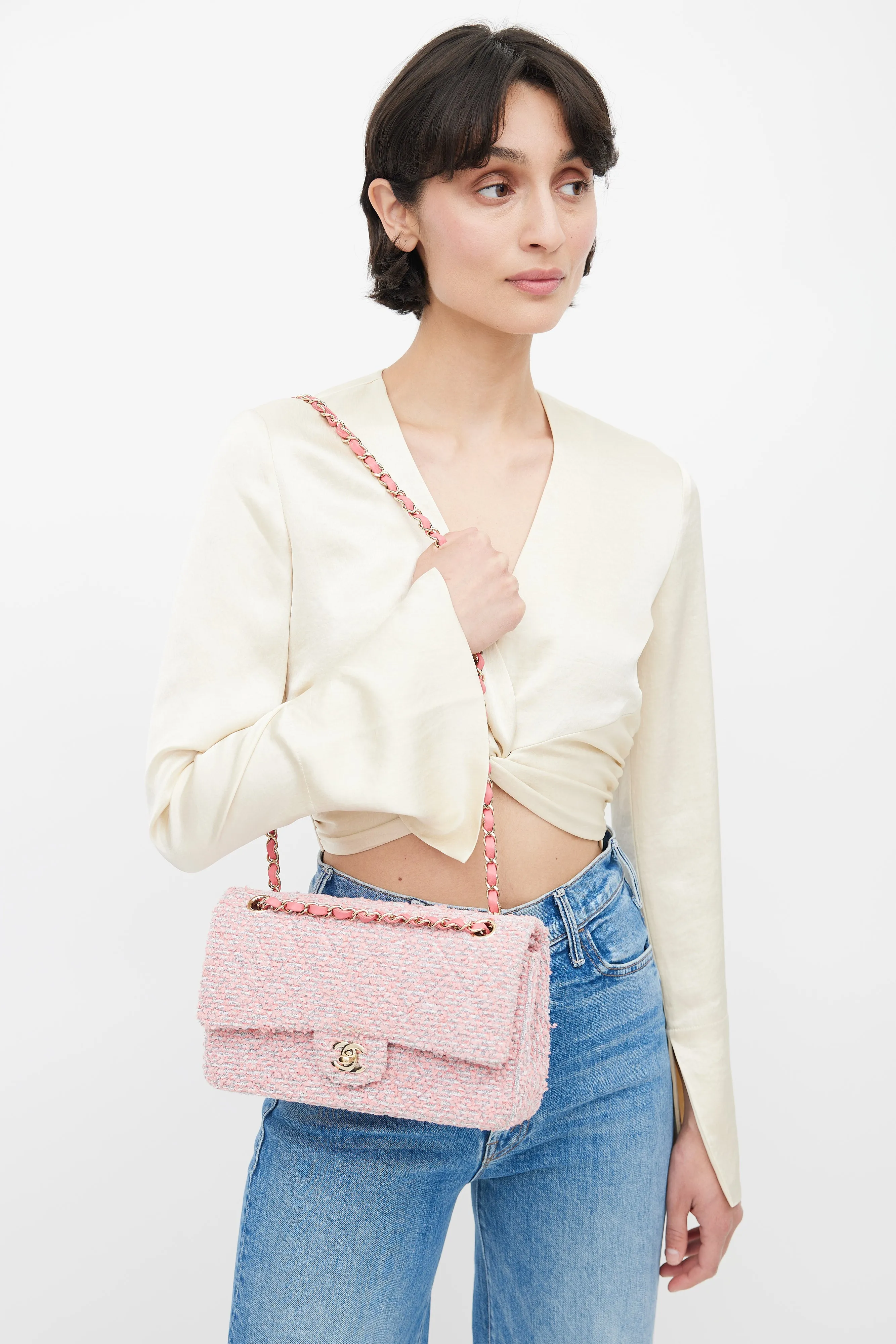 2020 Pink & Grey Tweed Double Flap Shoulder Bag