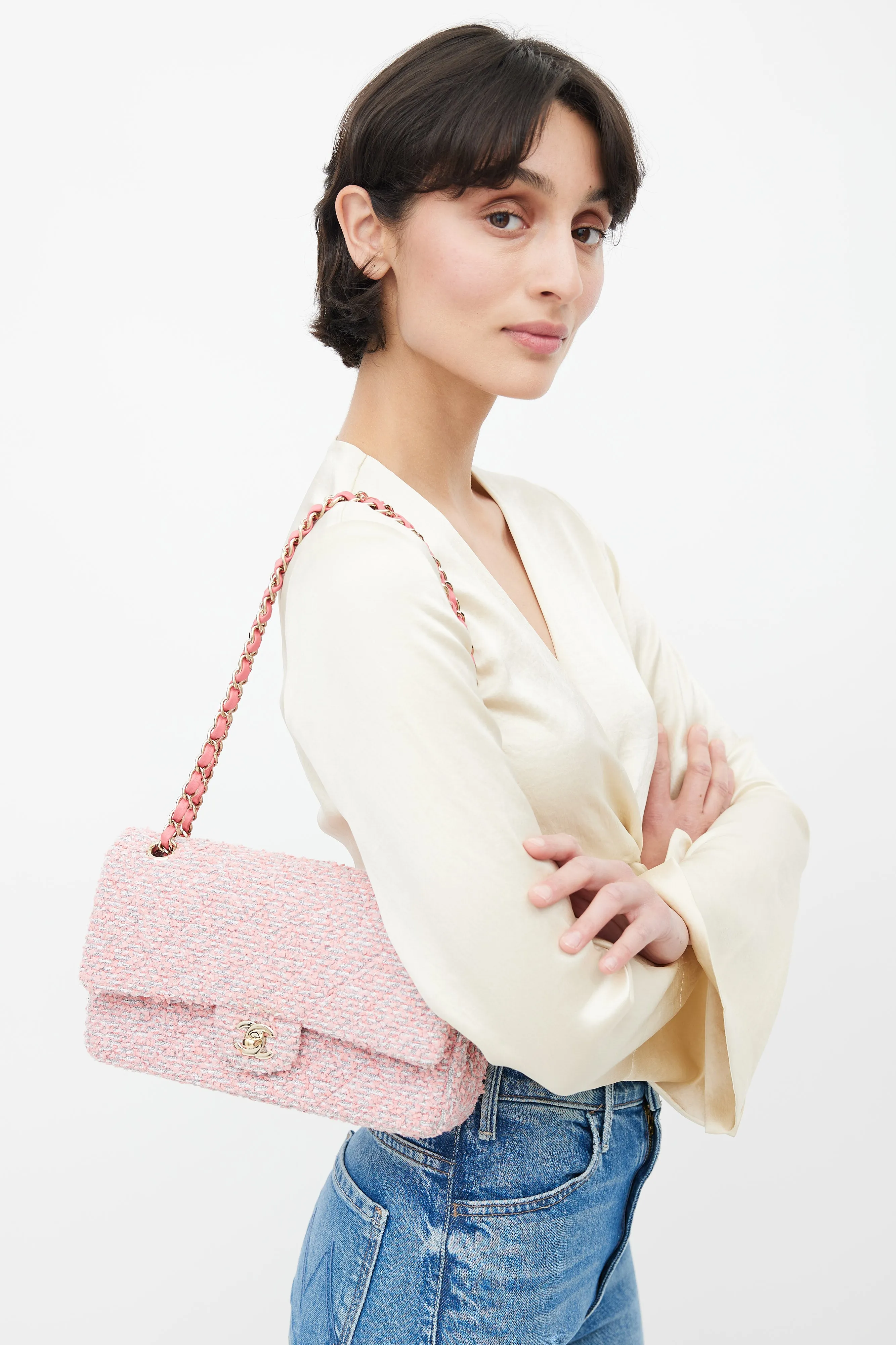 2020 Pink & Grey Tweed Double Flap Shoulder Bag