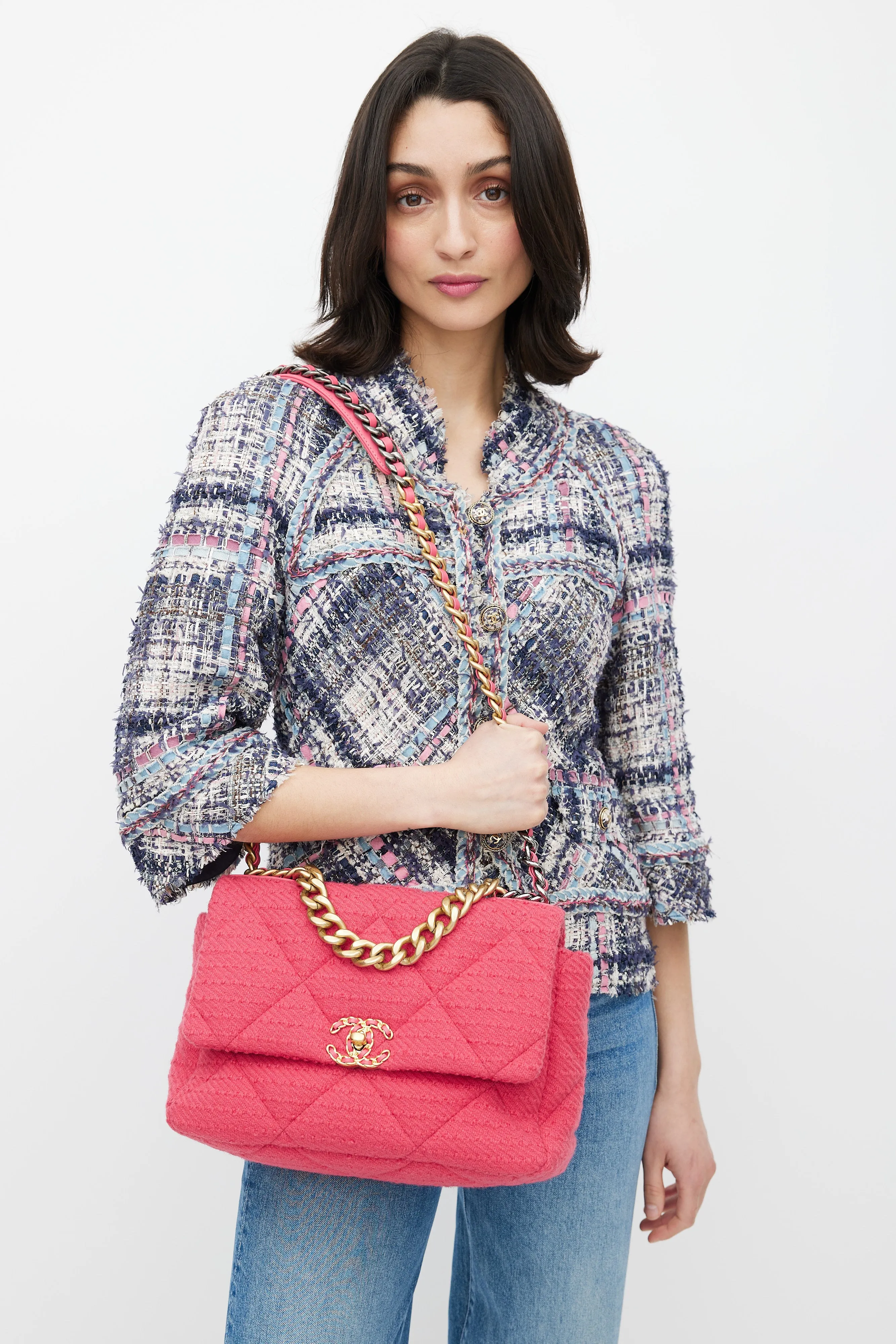 2020 Pink Quilted Tweed 19 Shoulder Bag