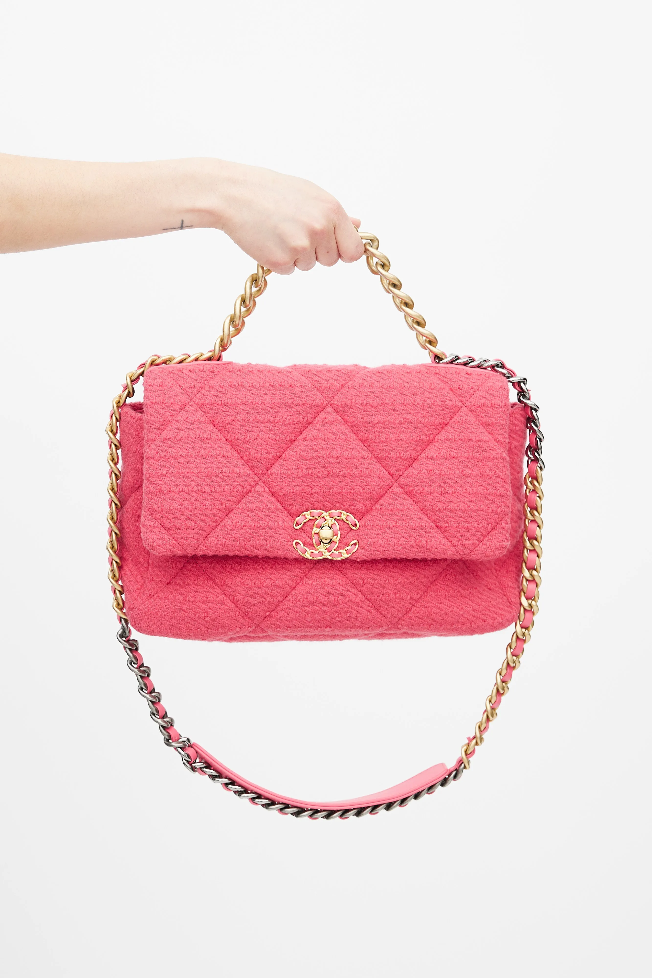2020 Pink Quilted Tweed 19 Shoulder Bag