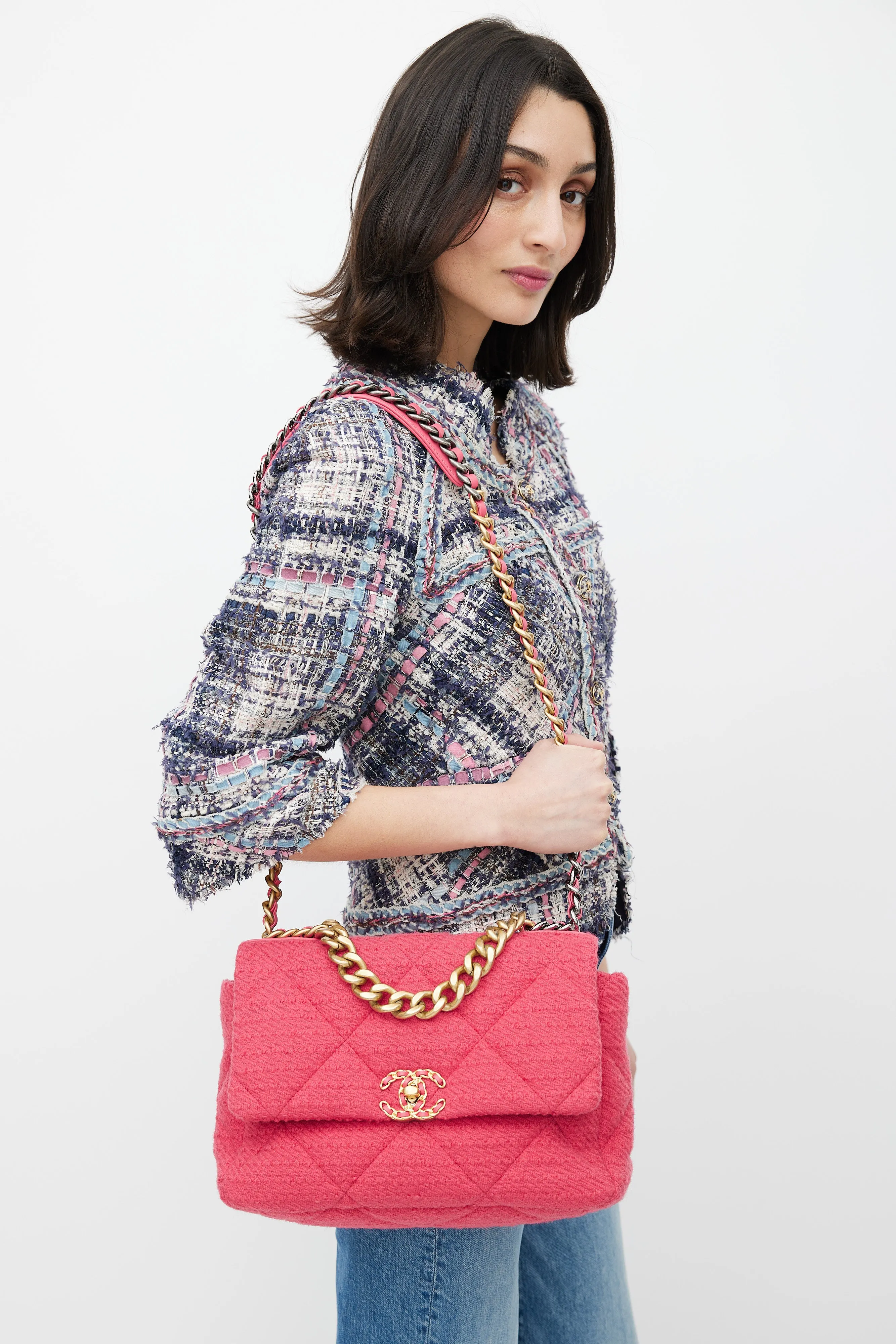 2020 Pink Quilted Tweed 19 Shoulder Bag