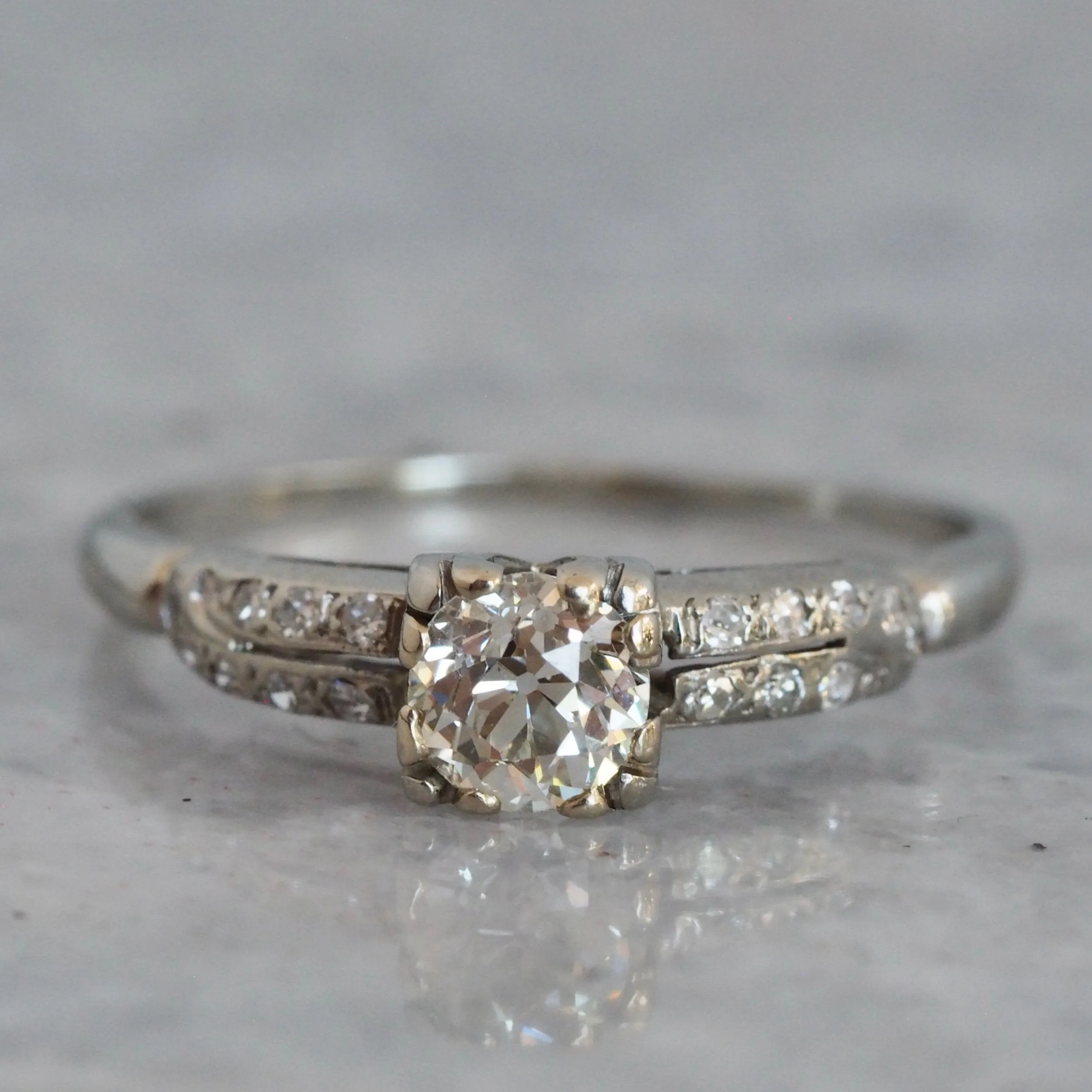 Art Deco Old European Cut Diamond Solitaire 18k White Gold Engagement Ring
