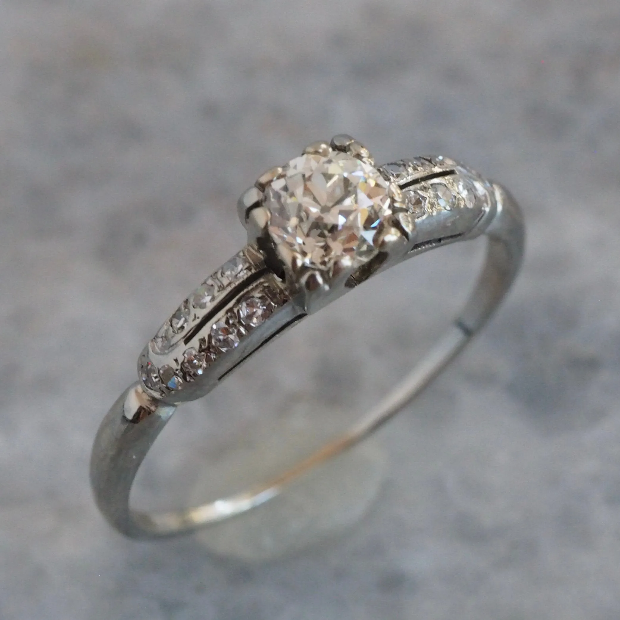 Art Deco Old European Cut Diamond Solitaire 18k White Gold Engagement Ring