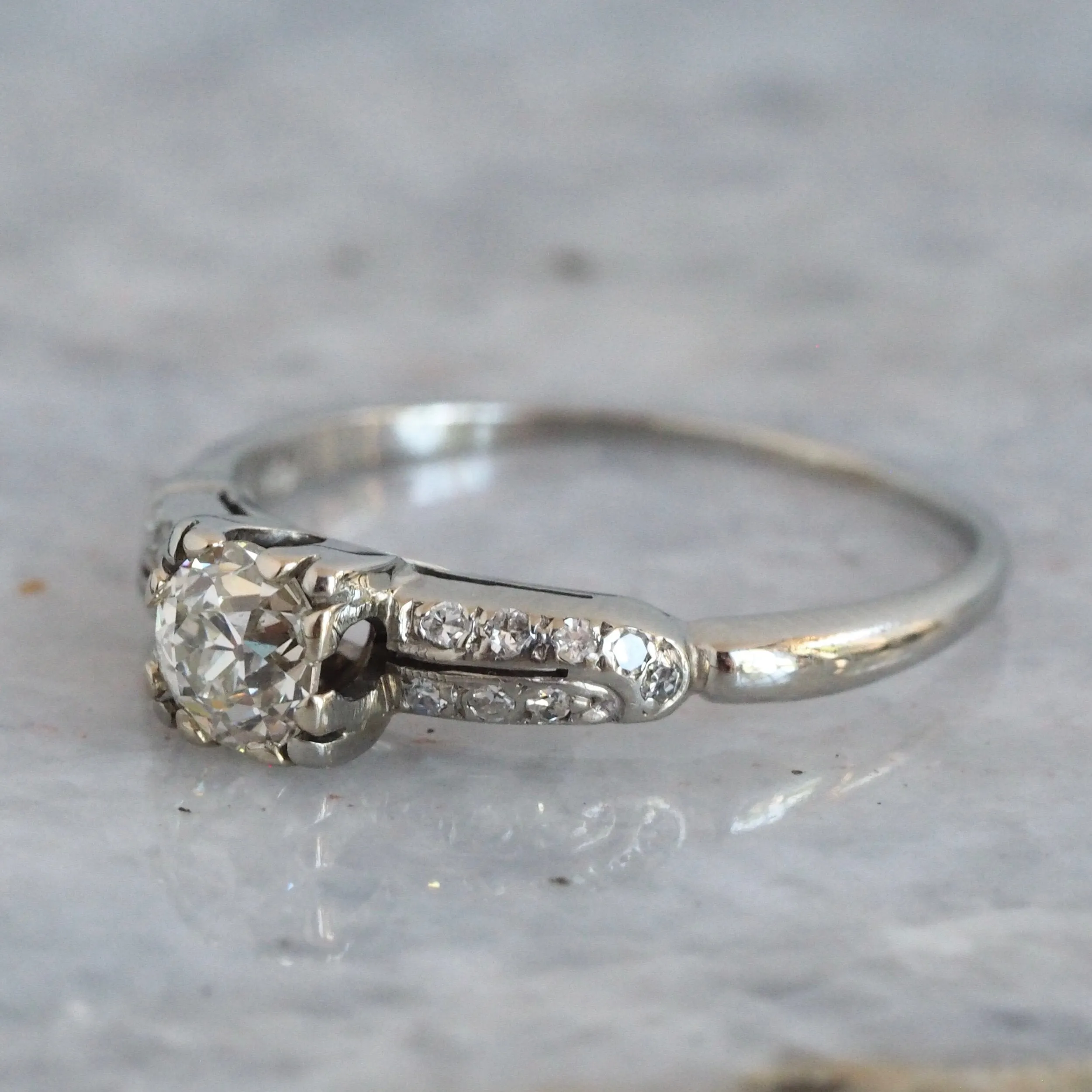Art Deco Old European Cut Diamond Solitaire 18k White Gold Engagement Ring