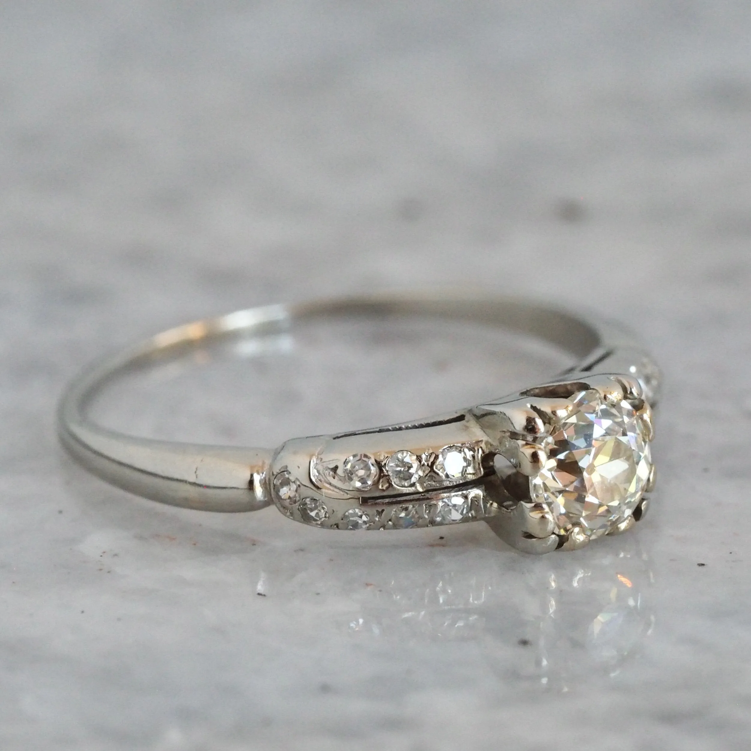 Art Deco Old European Cut Diamond Solitaire 18k White Gold Engagement Ring