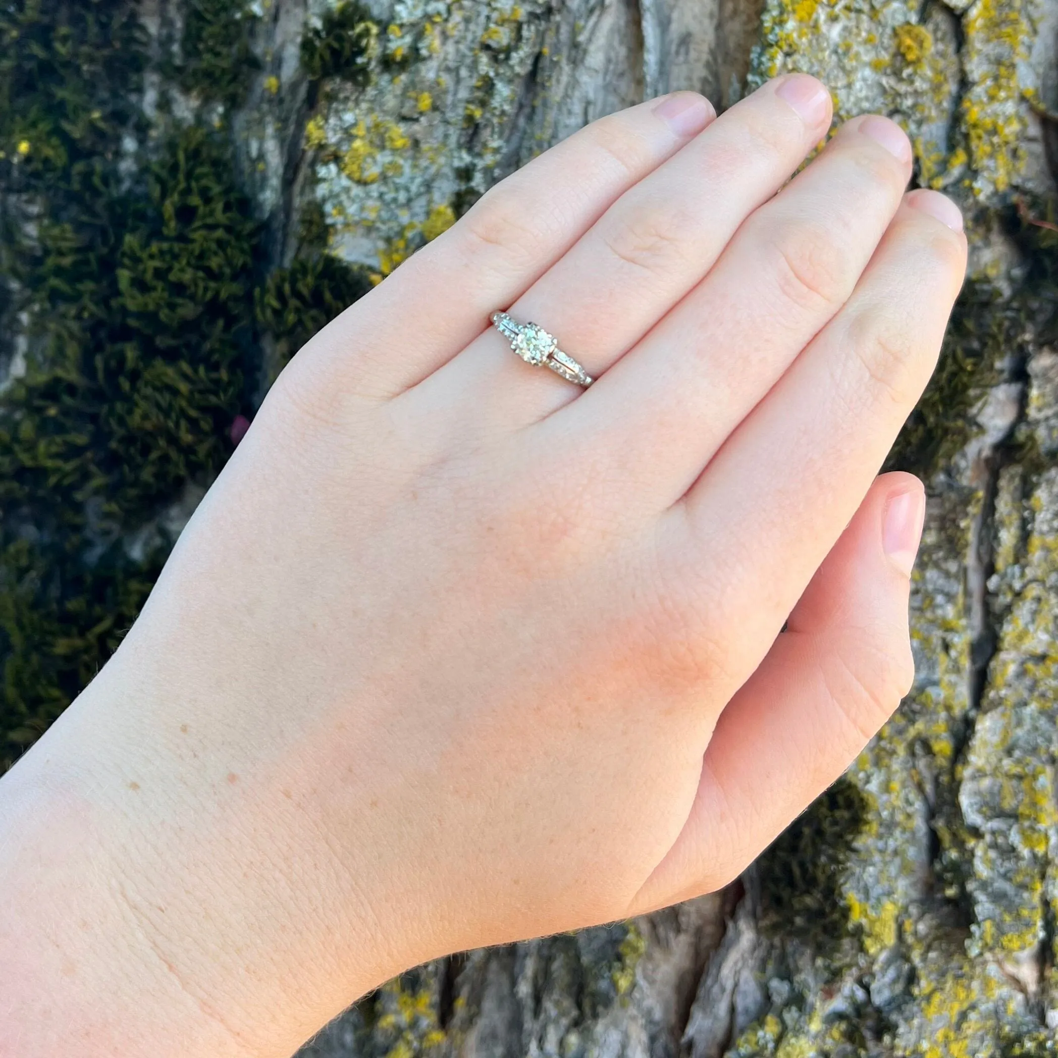 Art Deco Old European Cut Diamond Solitaire 18k White Gold Engagement Ring