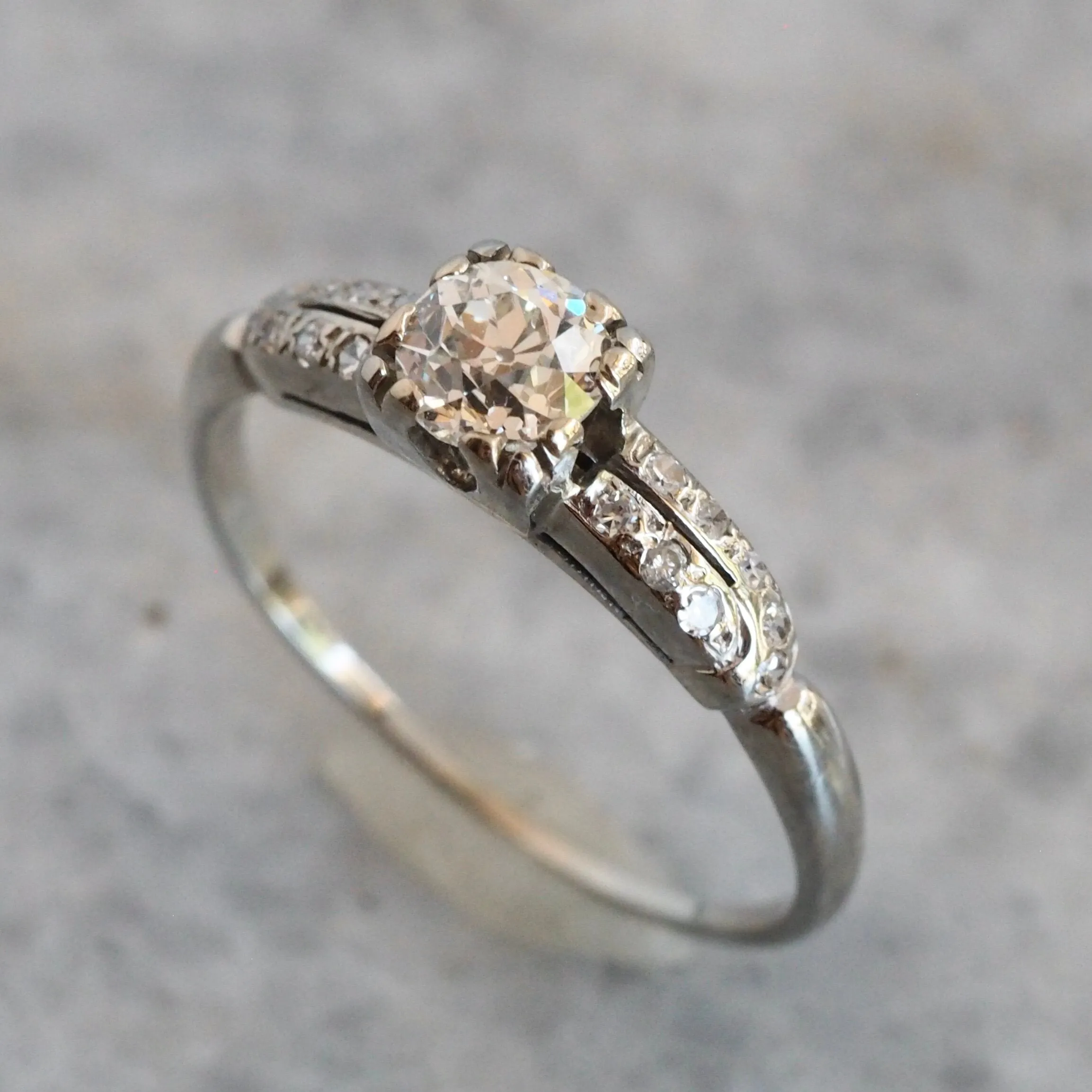 Art Deco Old European Cut Diamond Solitaire 18k White Gold Engagement Ring