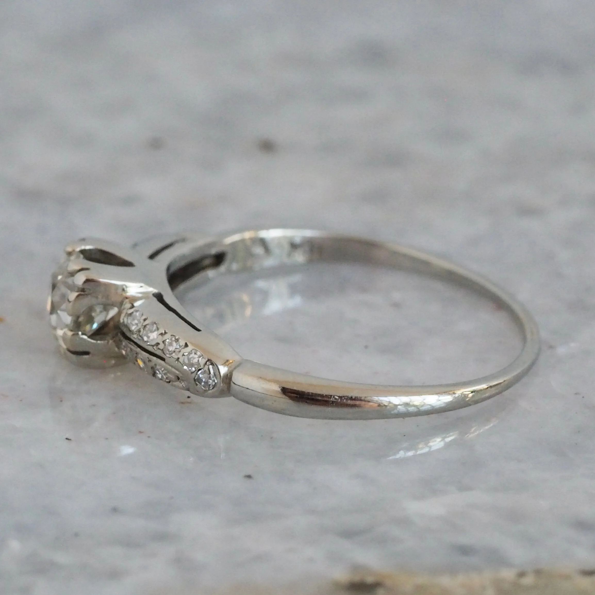 Art Deco Old European Cut Diamond Solitaire 18k White Gold Engagement Ring