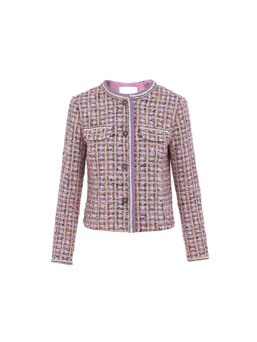 Autumn and winter new style bright silk high-end wool purple socialite small fragrant style tweed jacket dress two-piece vest