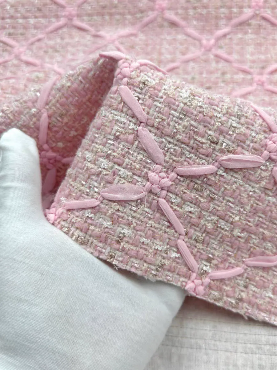 Autumn and winter new style pink bright silk embroidery small fragrant fabric tweed wool fabric jacket skirt vest coat