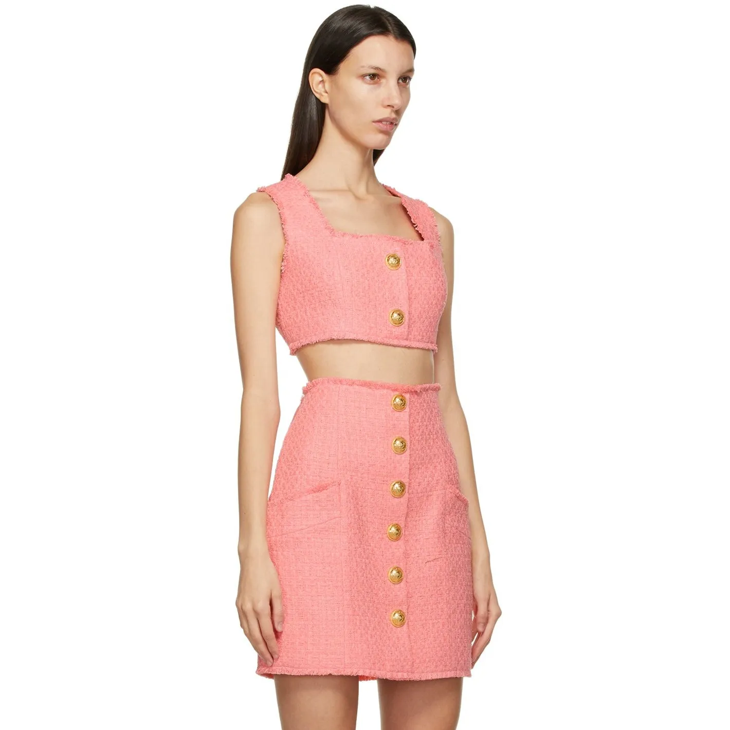 Balmain Pink Tweed Cropped Tank Top
