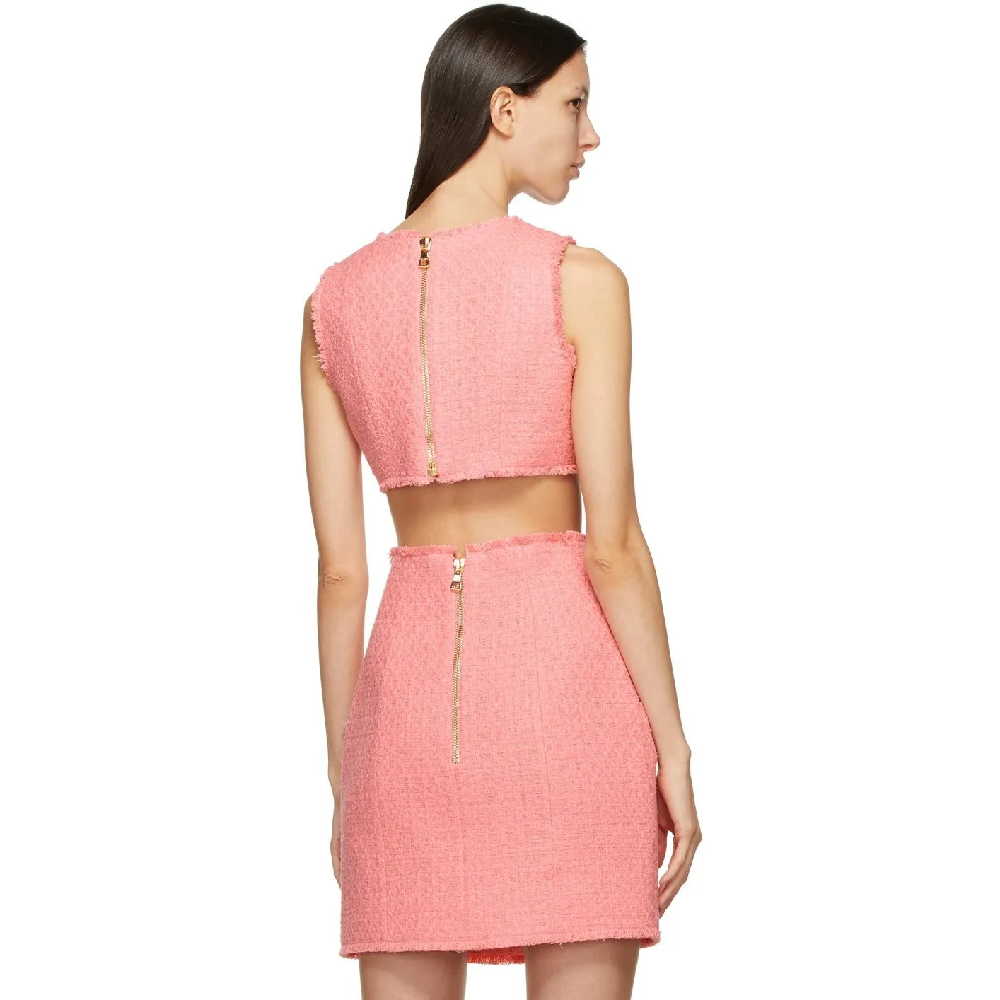 Balmain Pink Tweed Cropped Tank Top