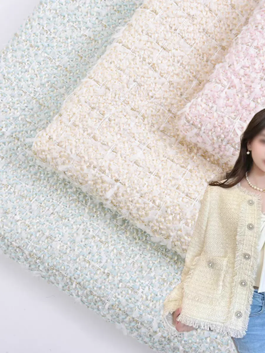 Beige golden wool small fragrant tweed woven fabric diy handmade custom fabric clothing vest jacket