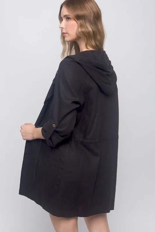 Black Open Front Hoodie Trench Linen Jacket