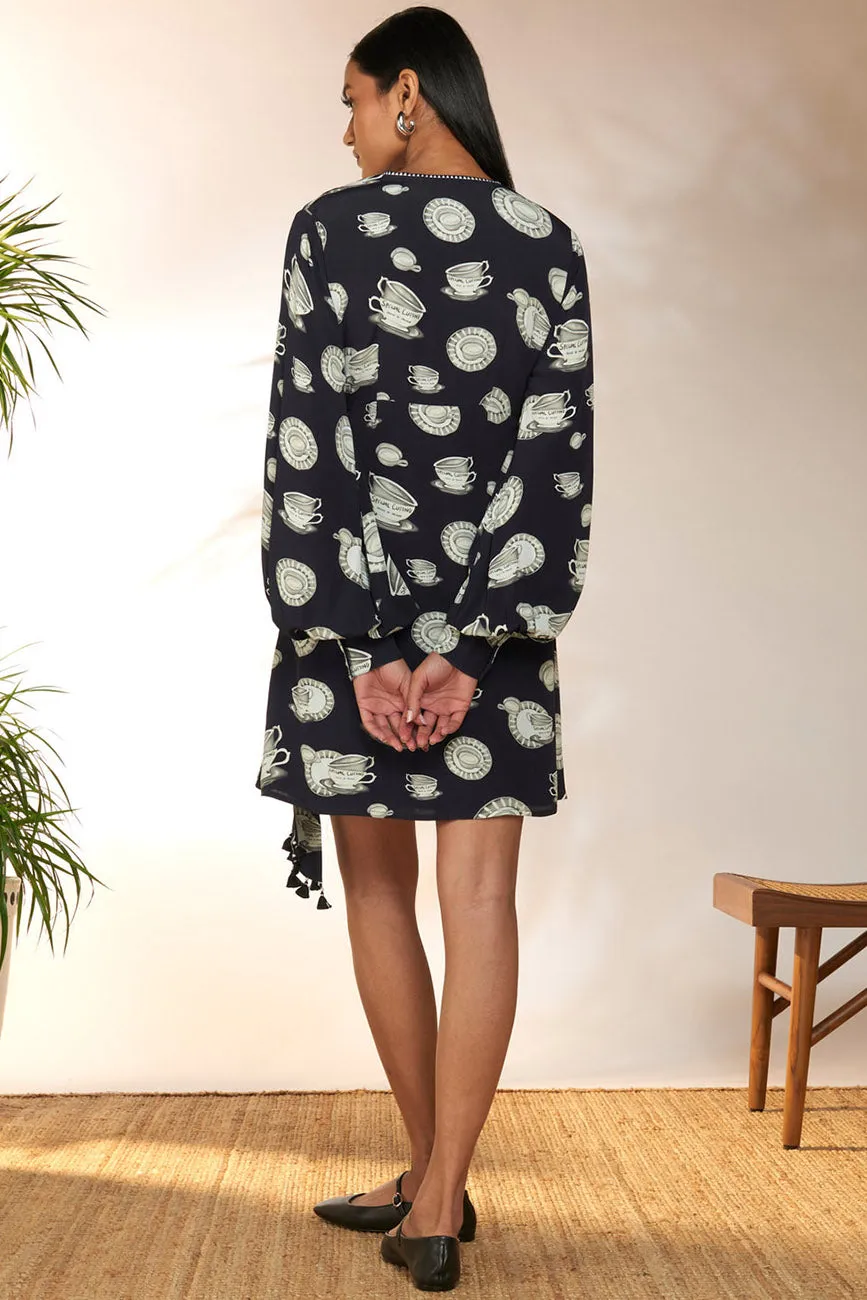 Black Special Cutting Wrap Dress