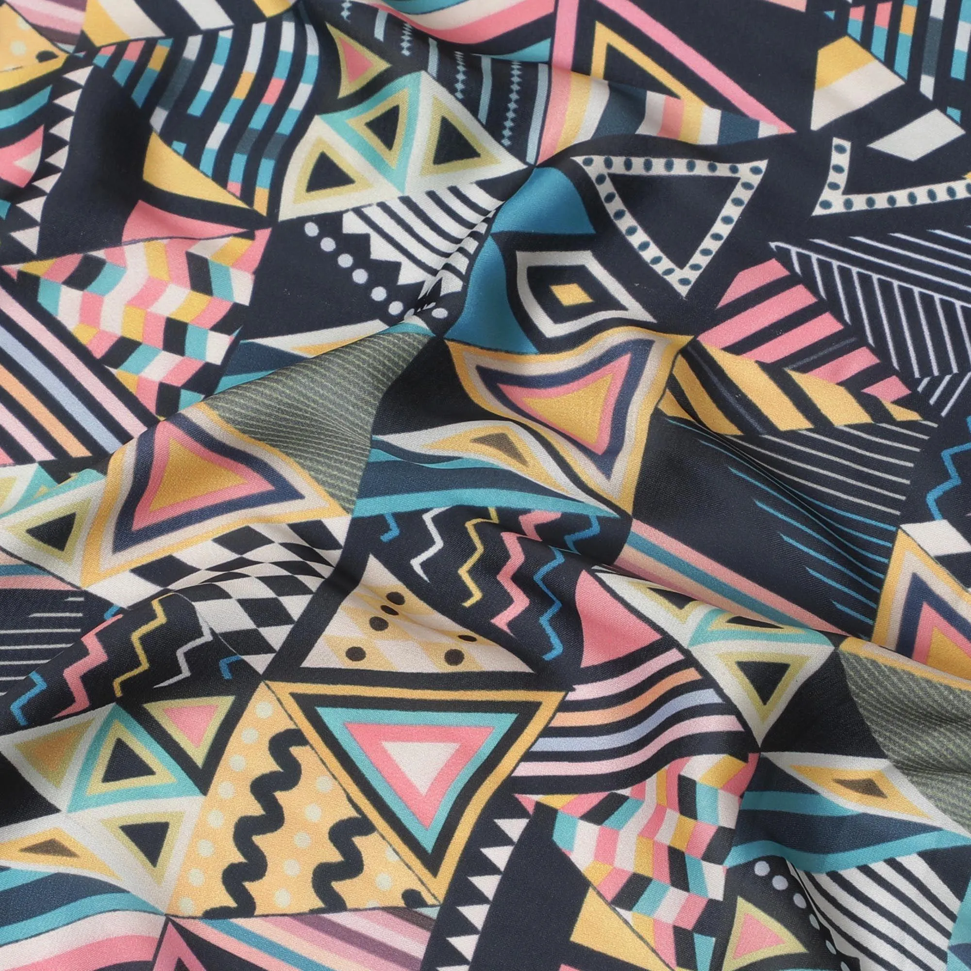 Black synthetic crepe fabric with multicolor print in abstract design-D15659