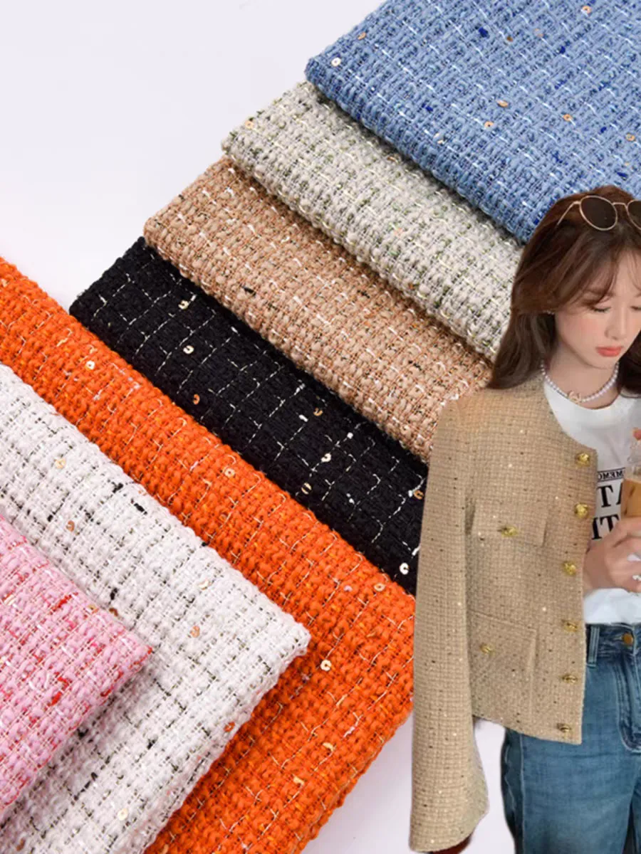 Blue sequin woven small fragrant tweed fabric thickened autumn and winter clothing fabric diy handmade high-definition jacket