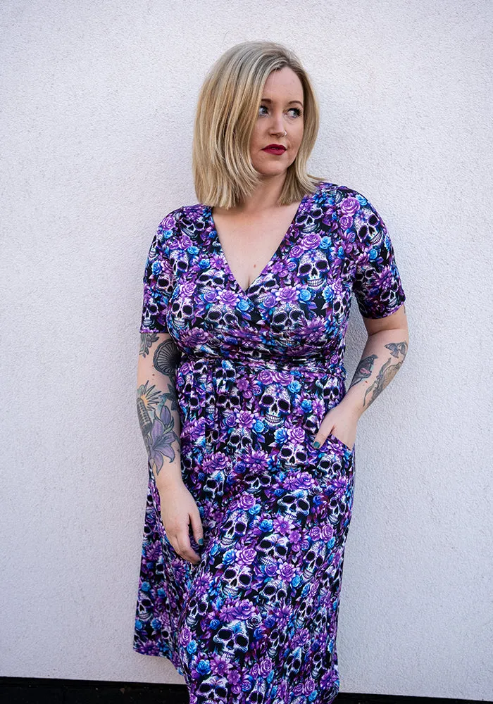 Dexter Purple Floral Skull Print Midi Dress