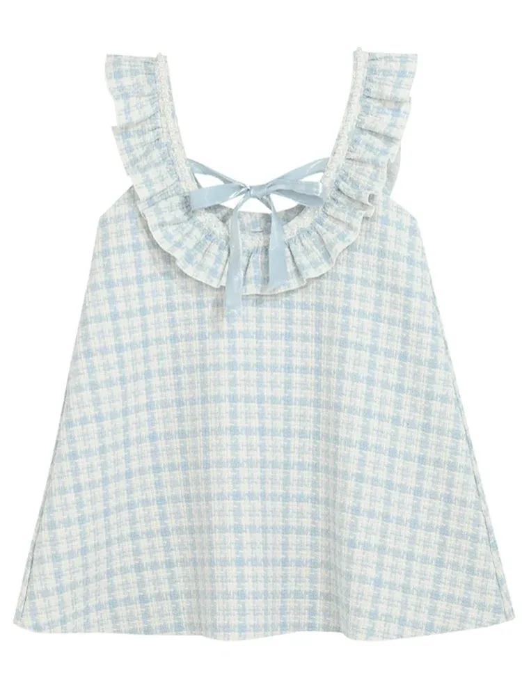 Frilled Shoulder Dress A-Line Check Tweed