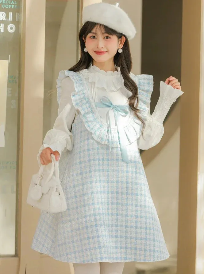 Frilled Shoulder Dress A-Line Check Tweed