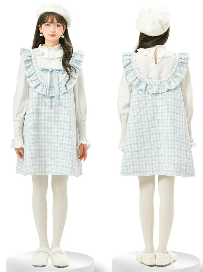 Frilled Shoulder Dress A-Line Check Tweed