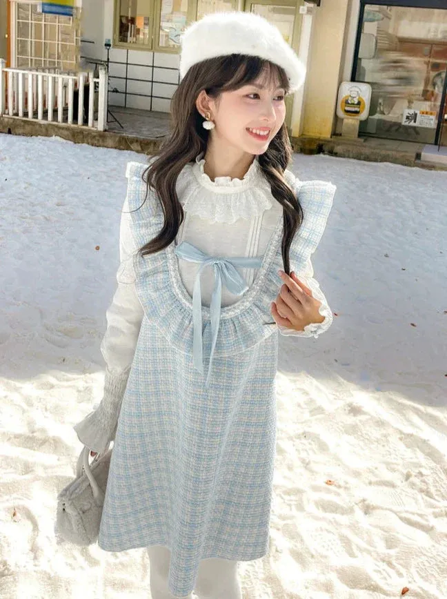 Frilled Shoulder Dress A-Line Check Tweed