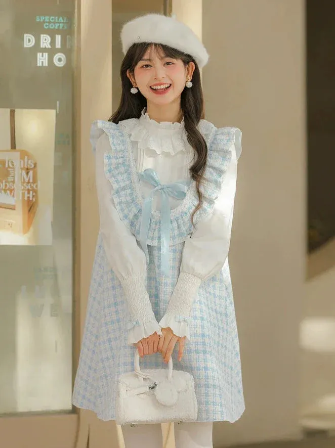 Frilled Shoulder Dress A-Line Check Tweed