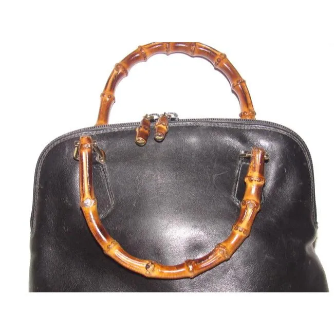 Gucci Vintage Pursesdesigner Purses Dark Navy Leather With Bamboo Handles And Accents Satchel