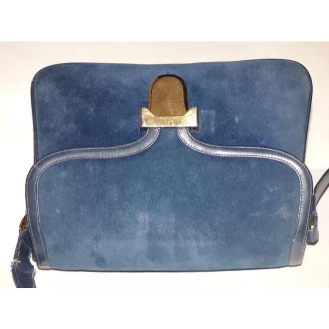 Gucci Vintage Pursesdesigner Purses Deep Blue Suede And Leather Shoulder Bag