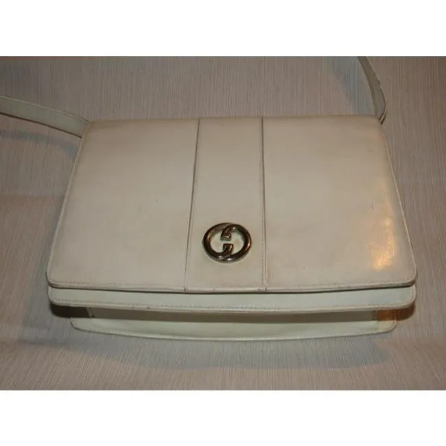Gucci Vintage White With Chrome Accents Leather Shoulder Bag