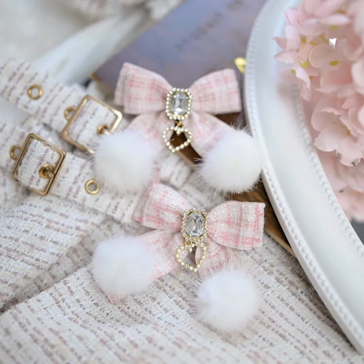 Jirai Kei Pink/Black/Beige/Light Blue Rhinestones with Heart Charm Tweed Bowknot Hairclips