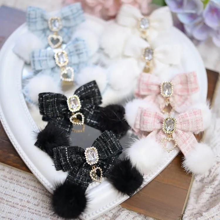 Jirai Kei Pink/Black/Beige/Light Blue Rhinestones with Heart Charm Tweed Bowknot Hairclips