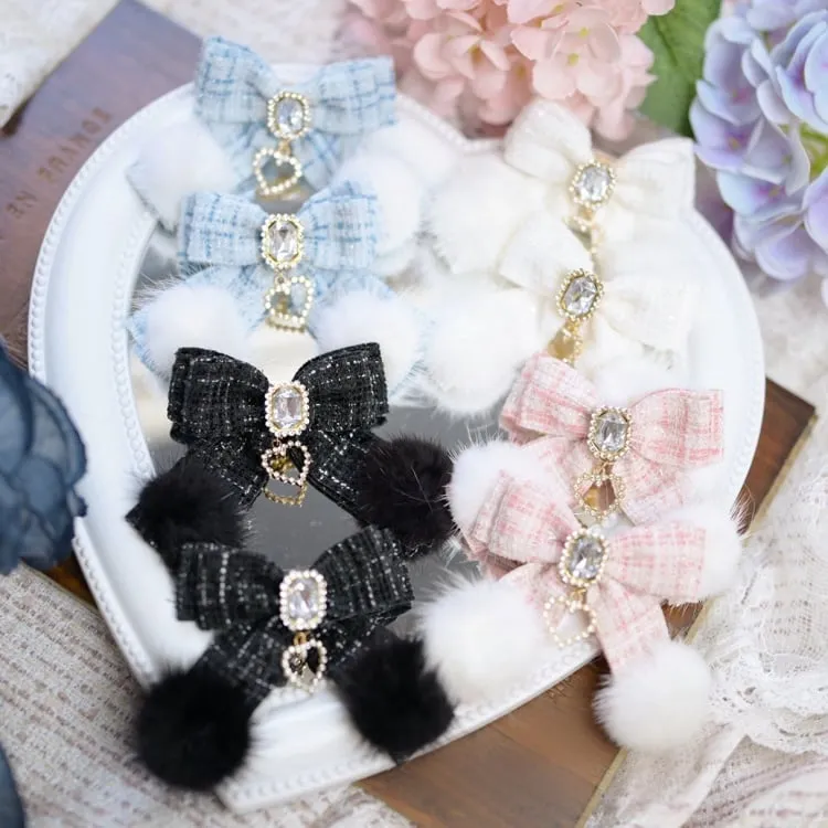 Jirai Kei Pink/Black/Beige/Light Blue Rhinestones with Heart Charm Tweed Bowknot Hairclips