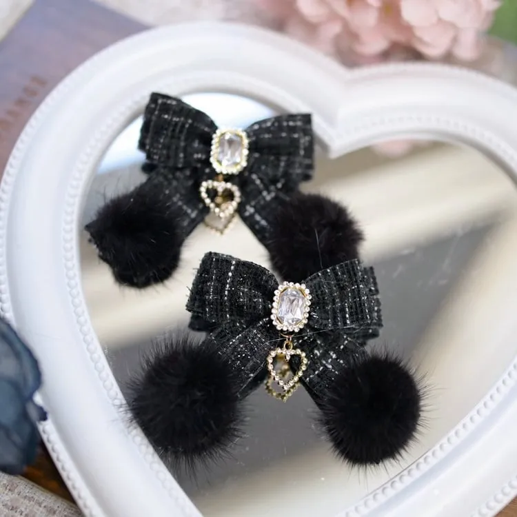 Jirai Kei Pink/Black/Beige/Light Blue Rhinestones with Heart Charm Tweed Bowknot Hairclips