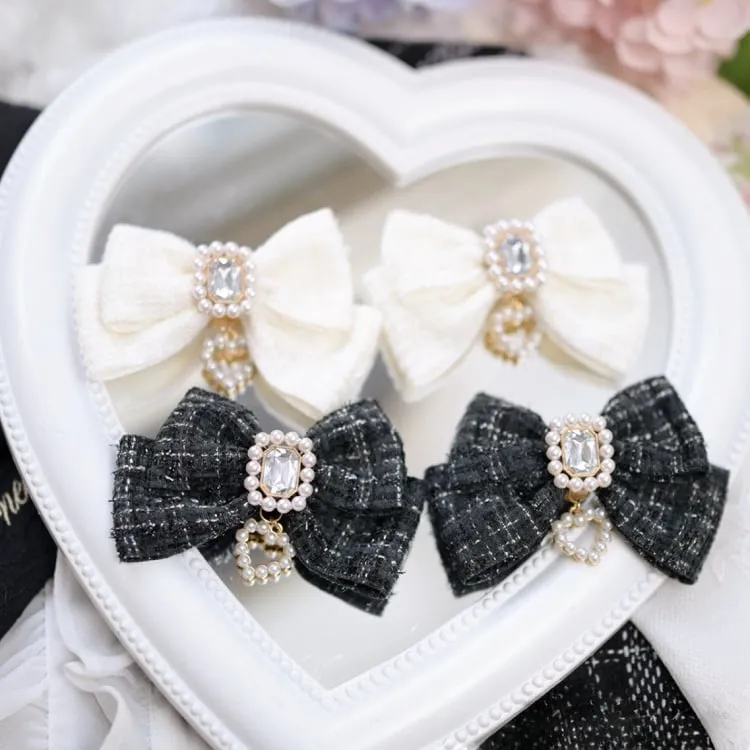 Jirai Kei White/Black Rhinestone and Beaded Heart Adorned Tweed Bowknot Hairclips