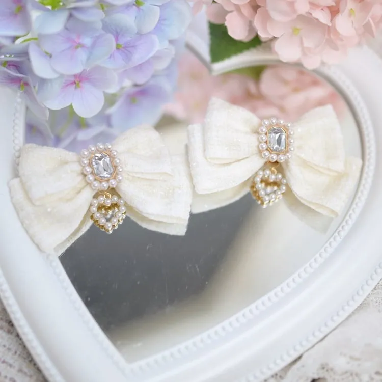 Jirai Kei White/Black Rhinestone and Beaded Heart Adorned Tweed Bowknot Hairclips