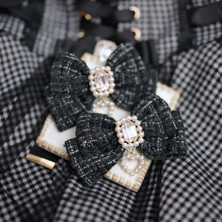 Jirai Kei White/Black Rhinestone and Beaded Heart Adorned Tweed Bowknot Hairclips