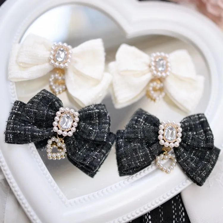 Jirai Kei White/Black Rhinestone and Beaded Heart Adorned Tweed Bowknot Hairclips