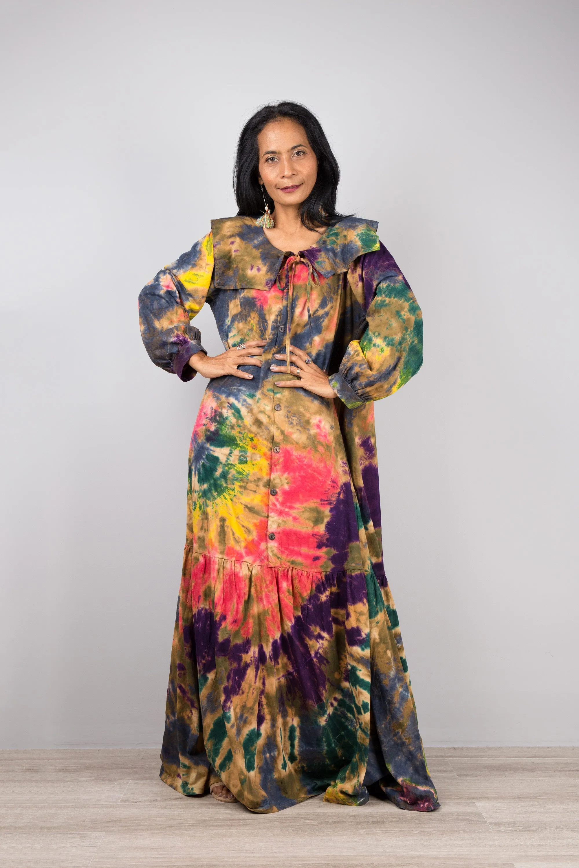 Long sleeve tie dye dress with ruffle