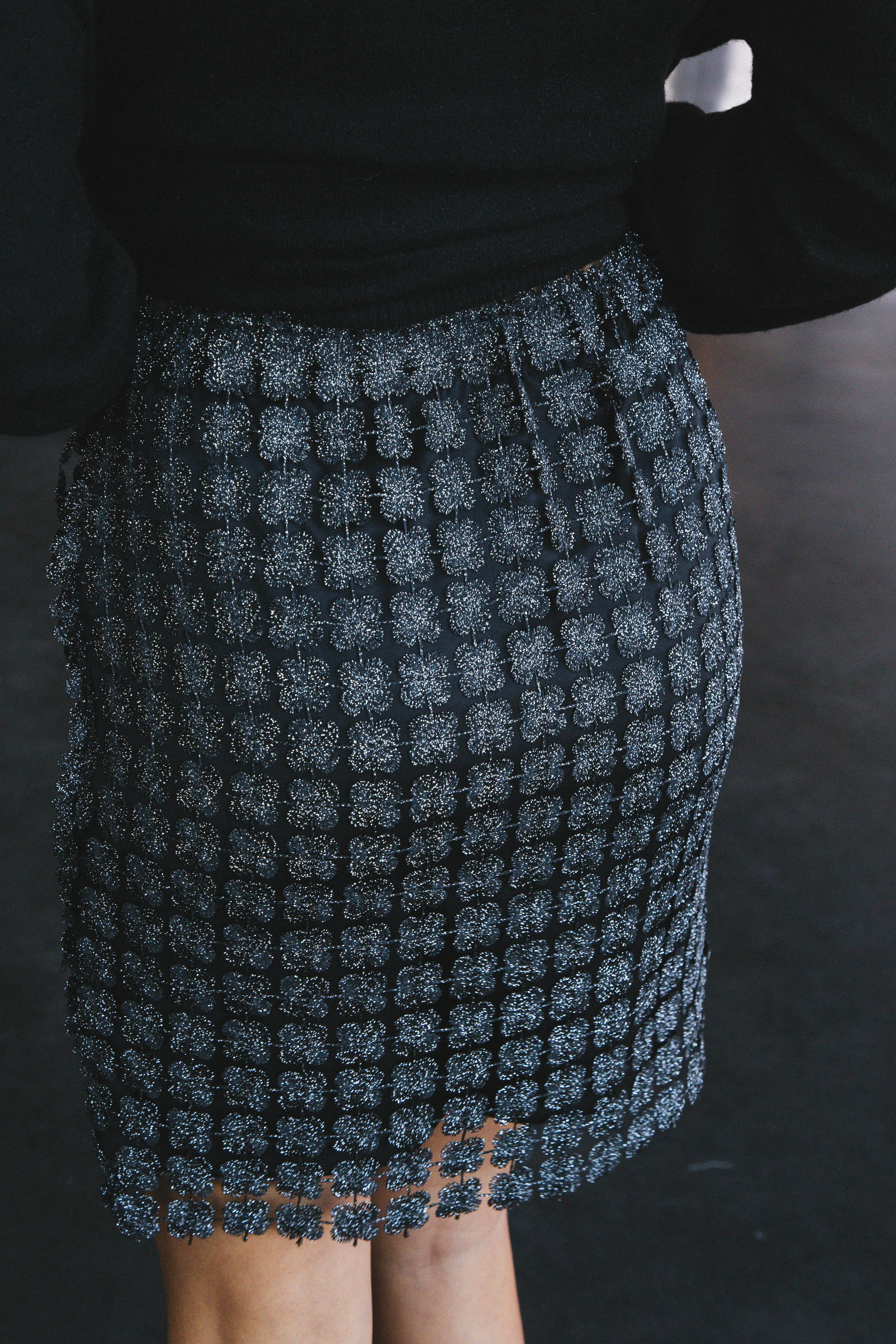 Monaco Crochet Lace Mini Skirt, Black/Silver