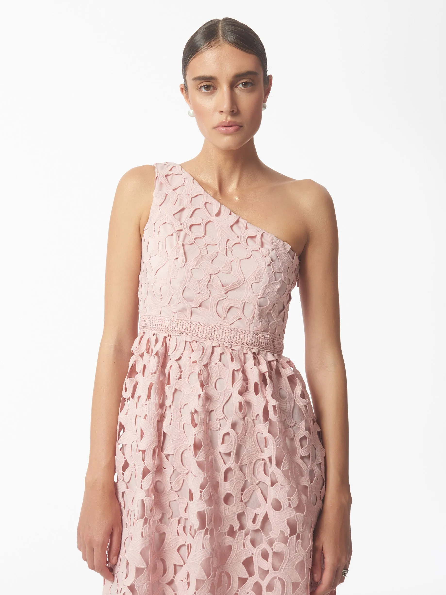 One Shoulder Lace Dress in Misty Rose Pink