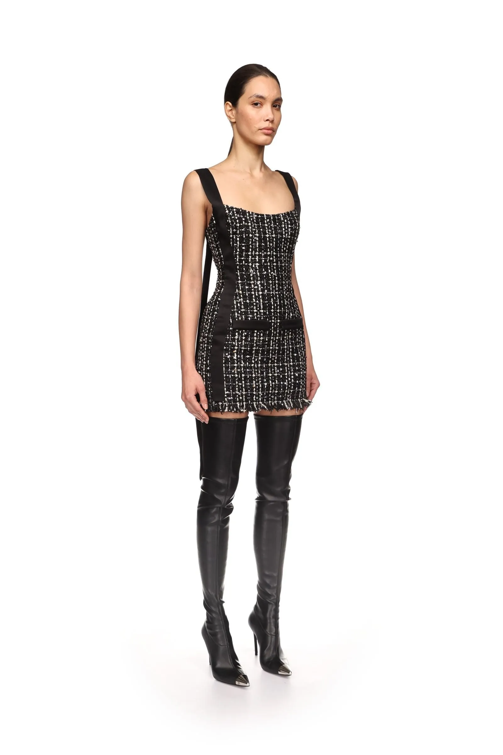 PF24DK61D Satin strap tweed dress