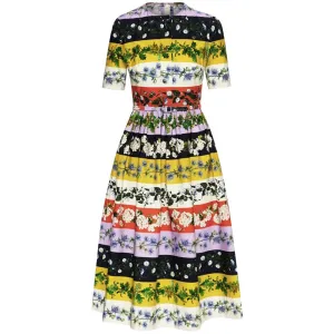 Printing Colorblock Dresses For Women Round Neck Short Sleeve Patchwork Folds Tunic Vintage Slimming Dress Female