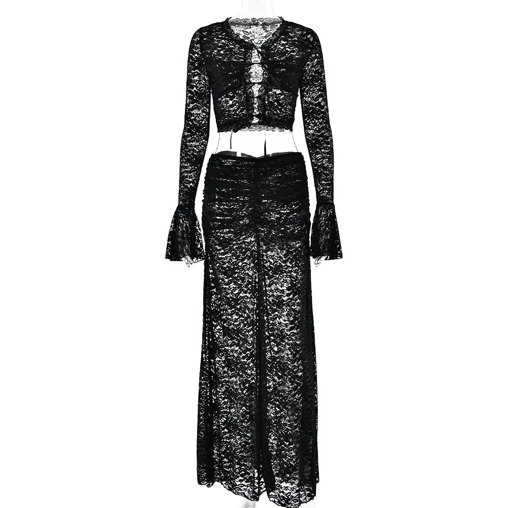REALAIOT 2025 cross-border new lace perspective two-piece set female sexy spice fashion versatile straps high waist long dress set