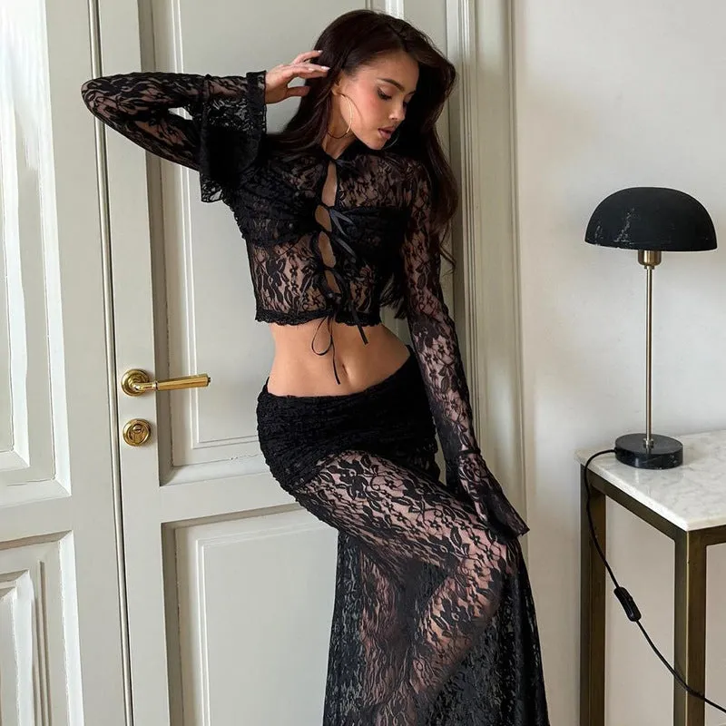 REALAIOT 2025 cross-border new lace perspective two-piece set female sexy spice fashion versatile straps high waist long dress set